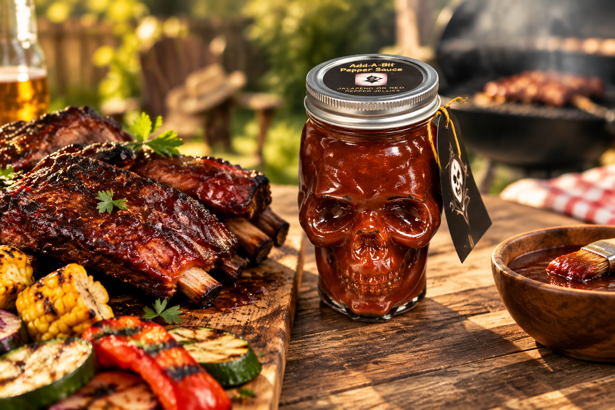 Barbeque Magic skull jar on a backyard BBQ table beside grilled ribs and vegetables