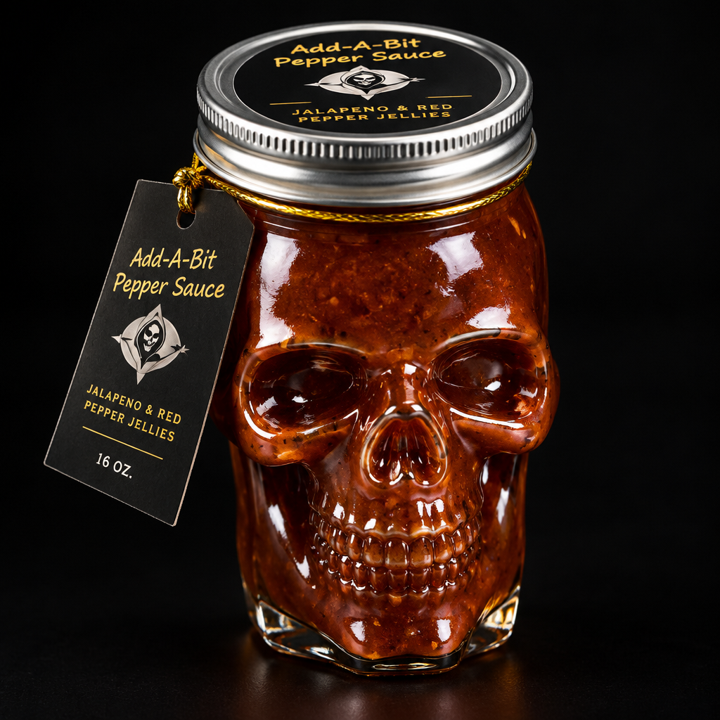 Close-up front label of Barbeque Magic skull glass jar with amber sauce on dark background