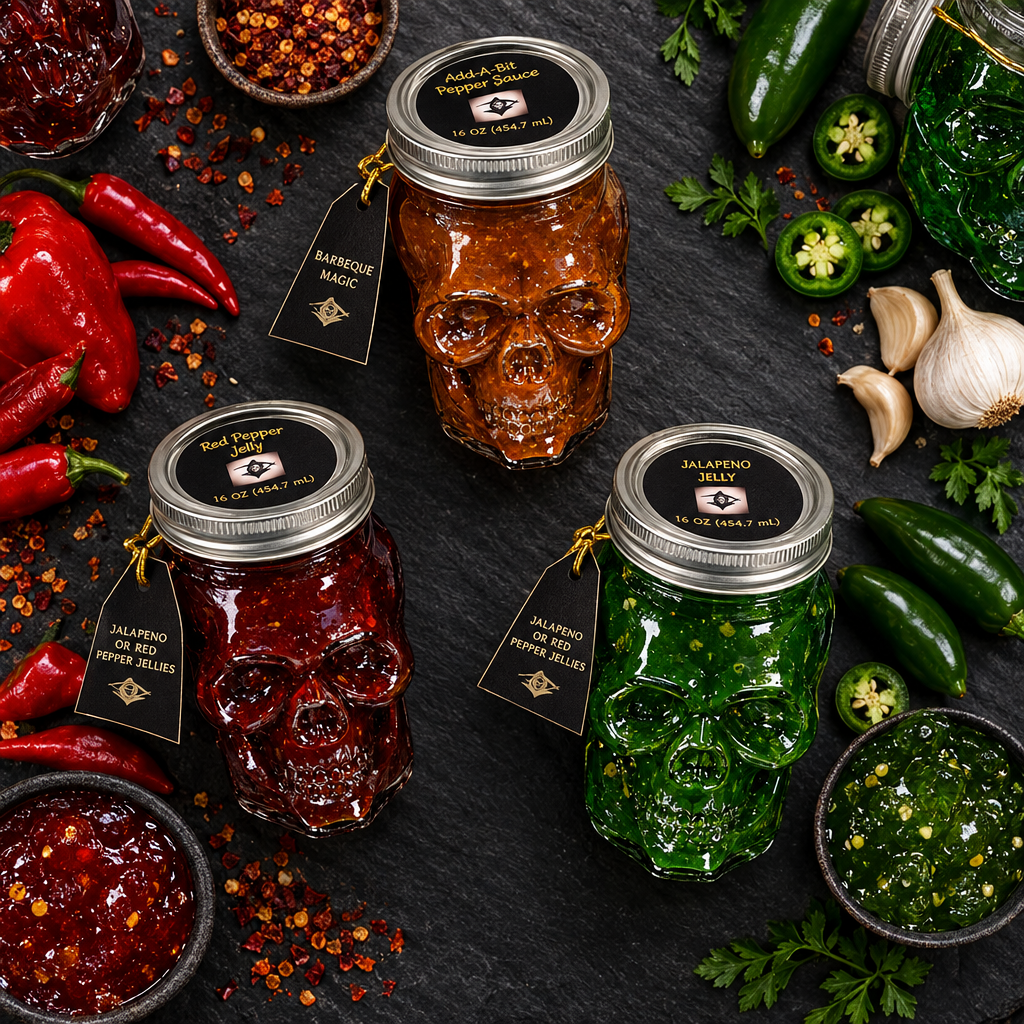 Flat lay of skull glass jars in amber, dark red, and green on dark slate surface